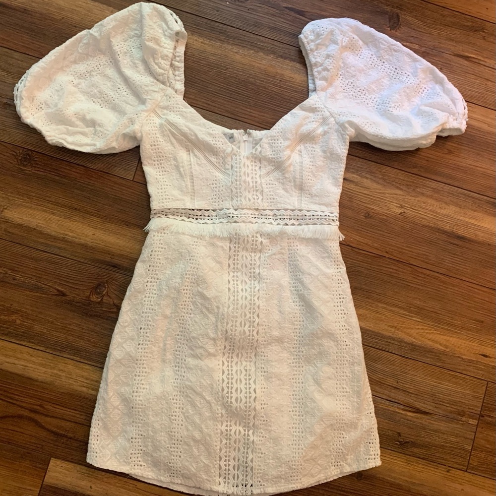 ESTHER White Lace Puff Sleeve Lined Mini Dress Sz S/8 Elegant Eyelet - Picture 4 of 16